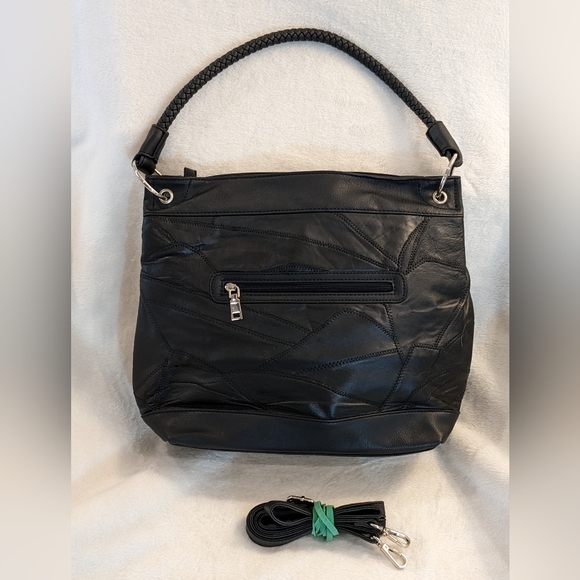 Jet Black Macy's Madi Claire Patchwork Real Leather Shoulder Crossbody Bag - Picture 7 of 9